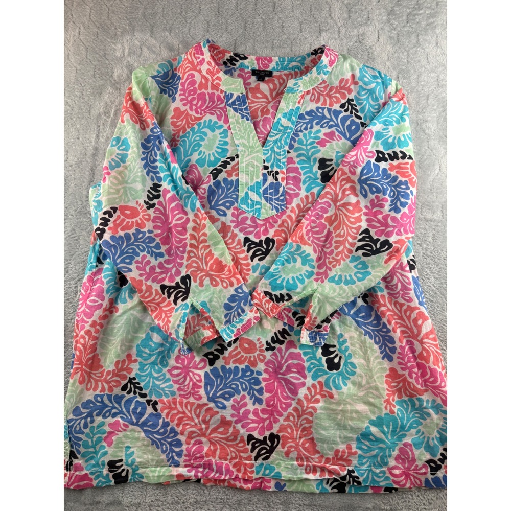 Talbots Woman X Tropical Floral Print Tunic Top 3/4 Sleeve V-Neck Cotton